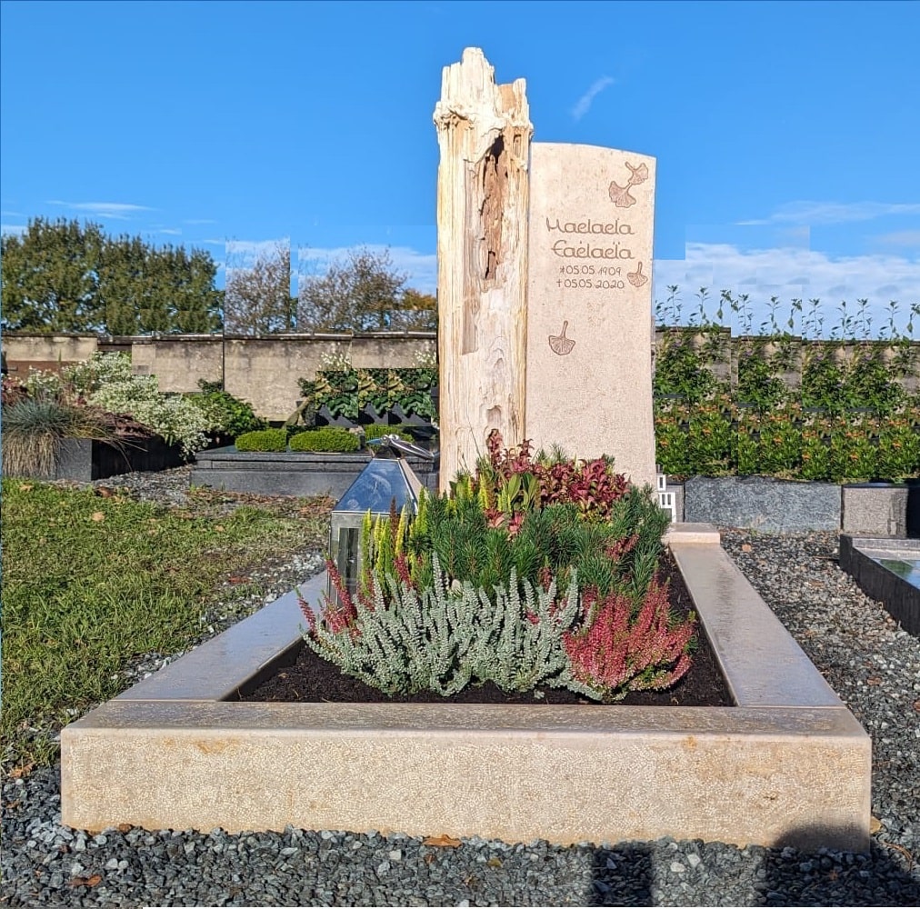 Grabmal aus hellem Naturstein mit Baumstamm